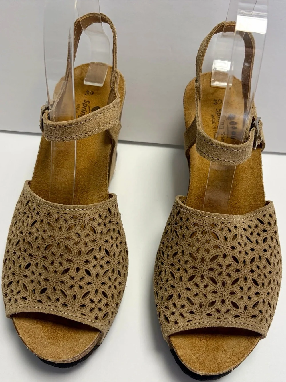 Spring Step Lauralyn Leather  Laser Cut Cork Wedge Sandals  Made in Italy Sz 8.5